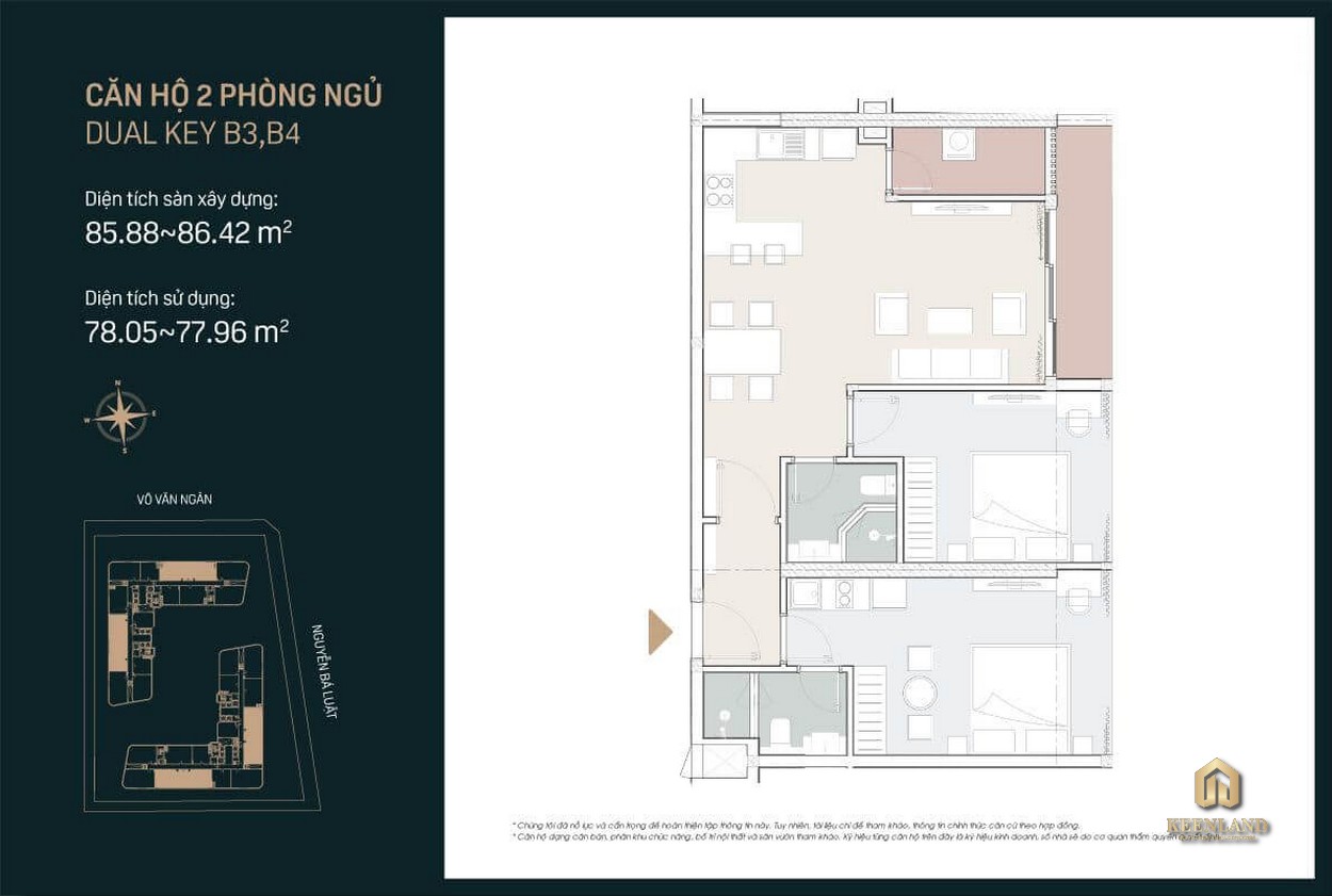 Thiết kế căn hộ Dual Key King Crown City 2 PN