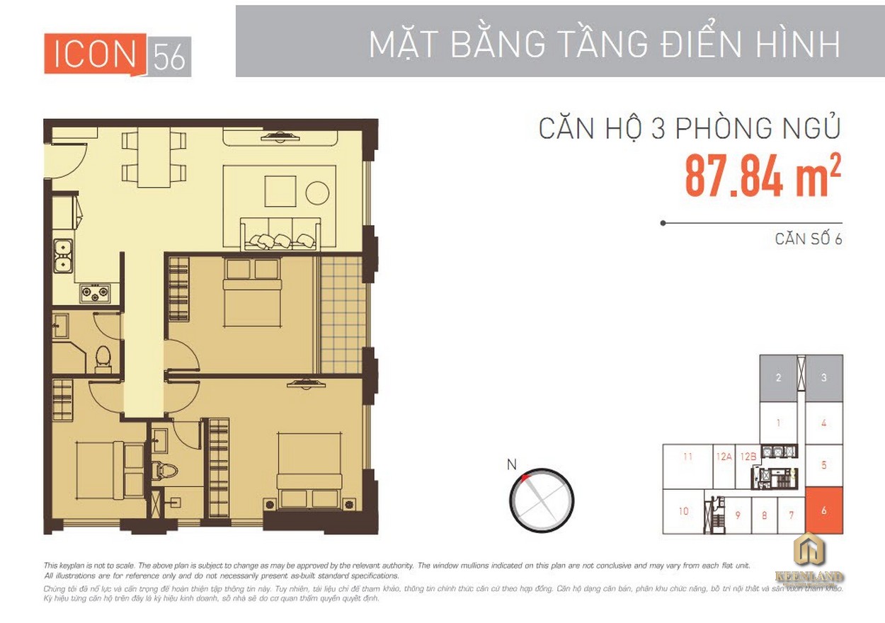 Layout căn hộ 3 phòng ngủ dự án Icon 56