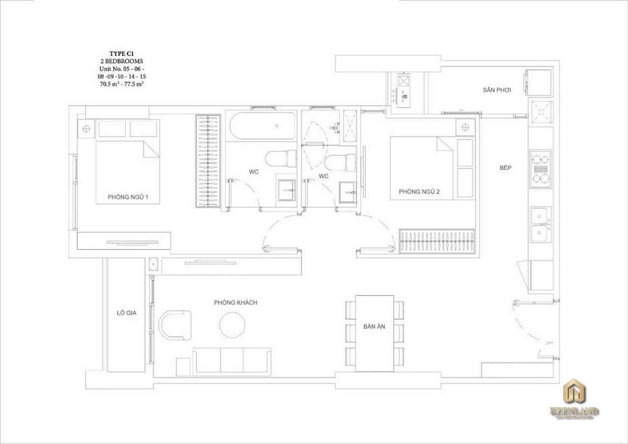 Mặt bằng căn hộ Ascent Garden Homes 2 phòng ngủ