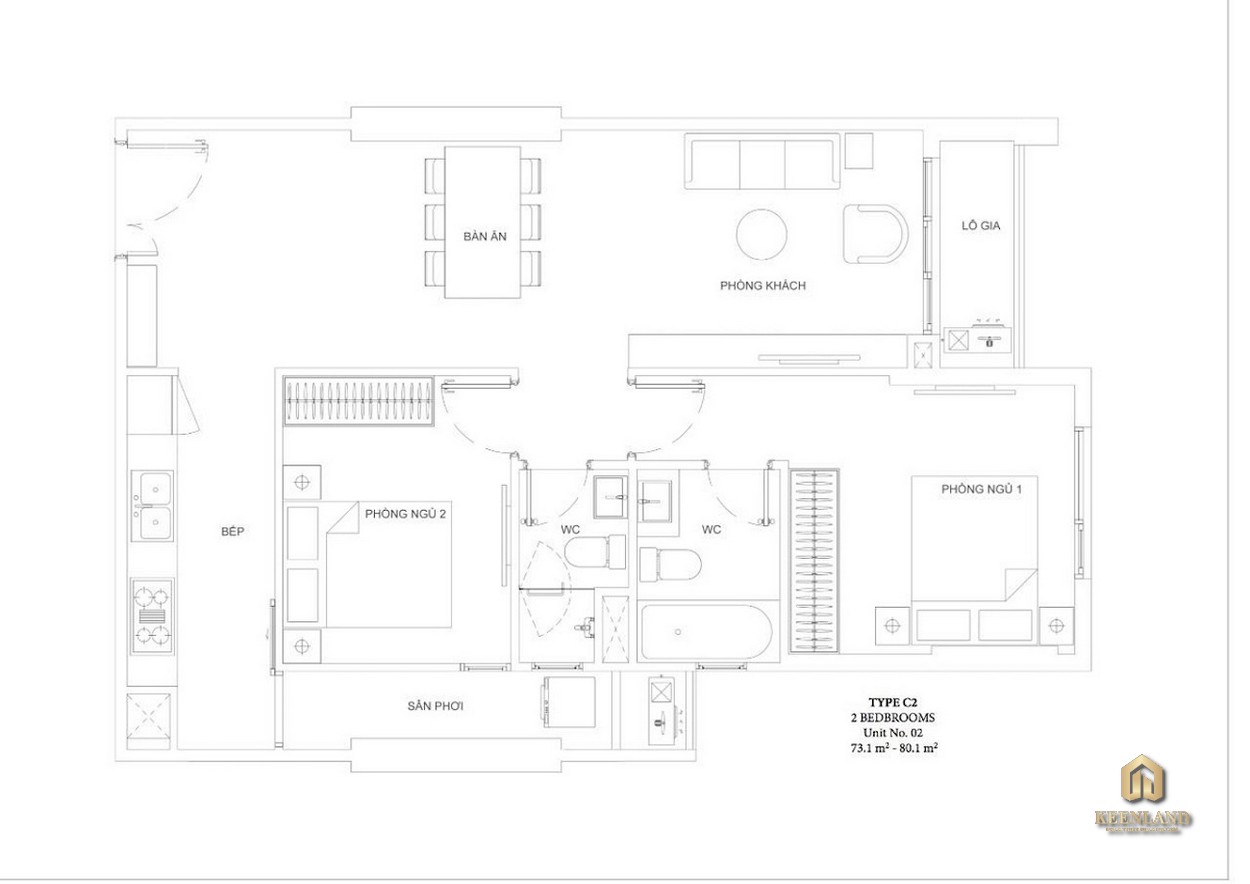 Mặt bằng căn hộ Ascent Garden Homes 2 phòng ngủ