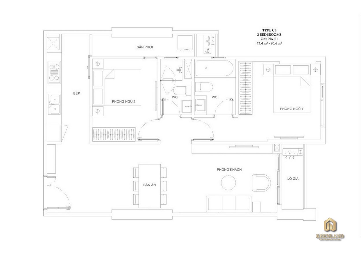 Mặt bằng căn hộ Ascent Garden Homes 2 phòng ngủ