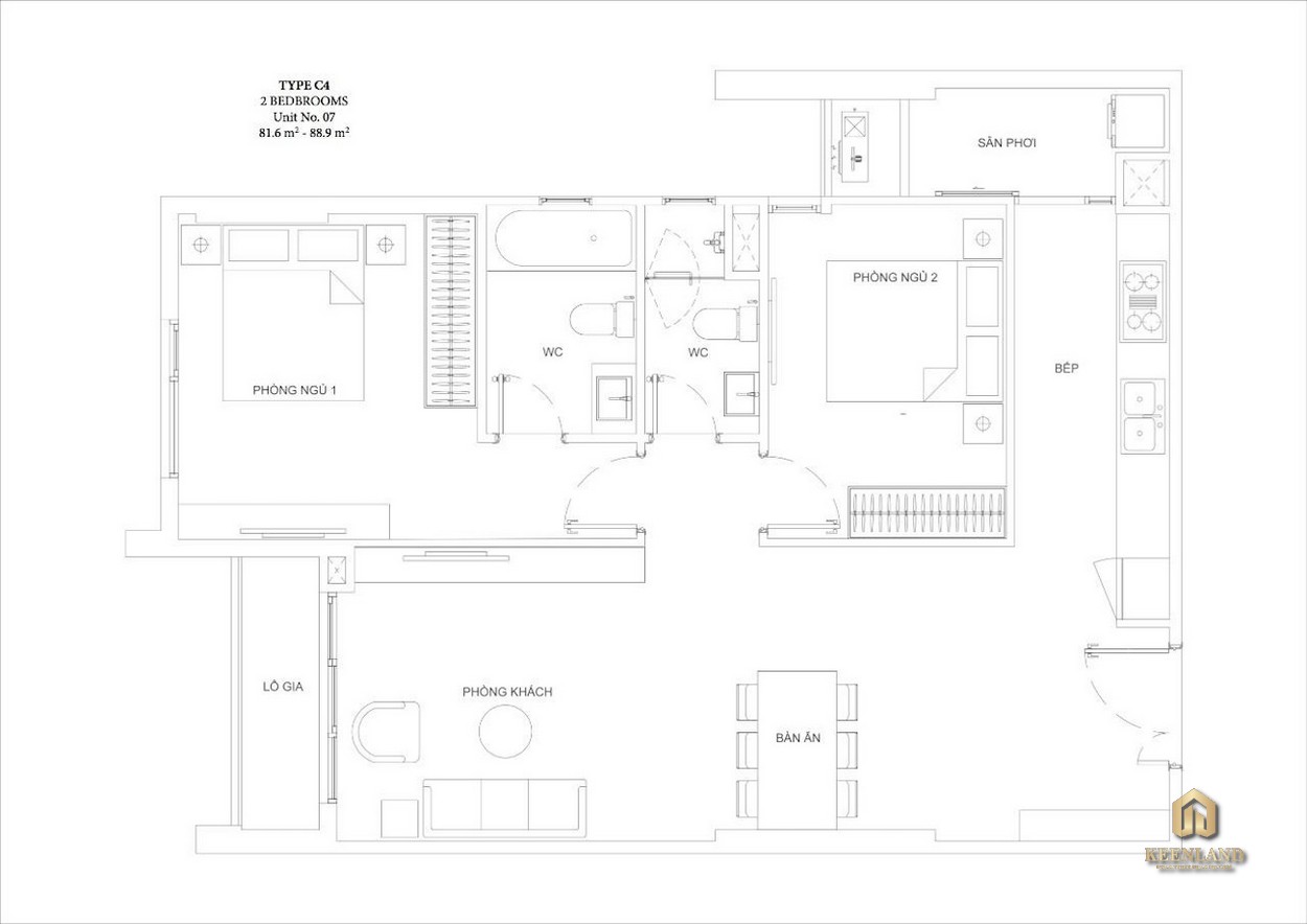 Mặt bằng căn hộ Ascent Garden Homes 2 phòng ngủ