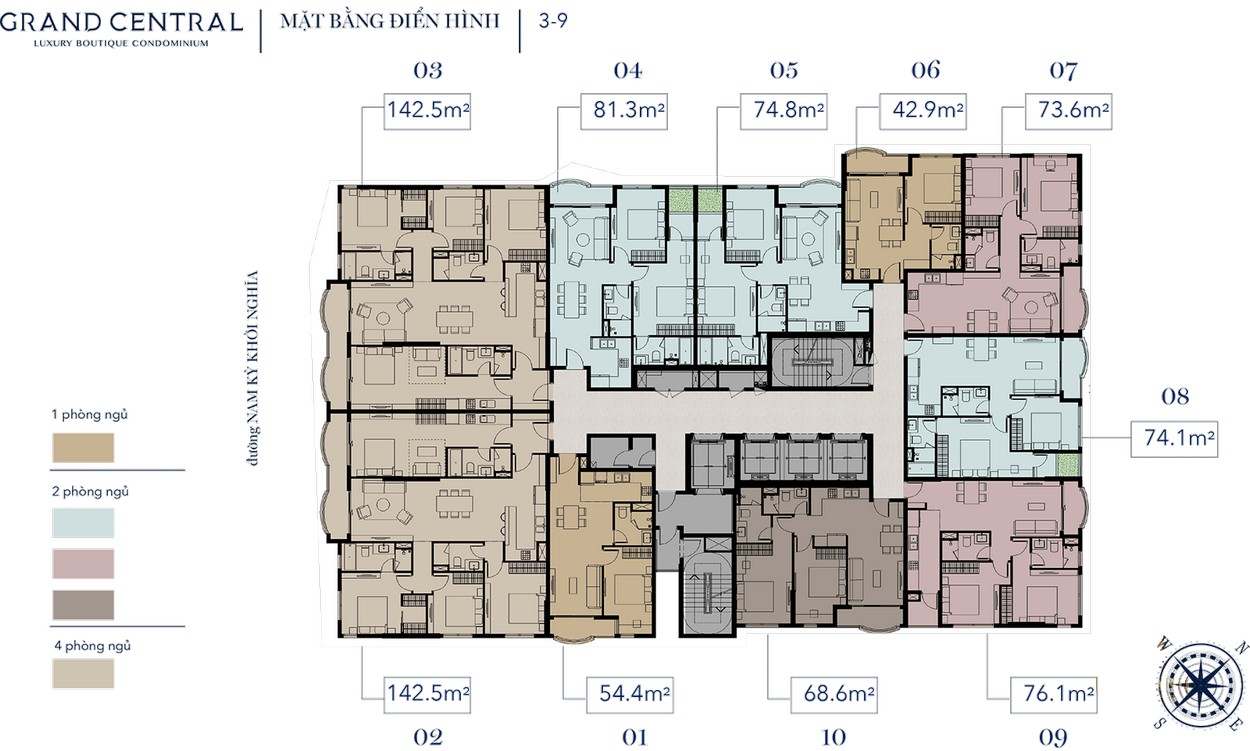 Mặt bằng tầng điển hình 3-9 dự án Grand Central Quận 3 