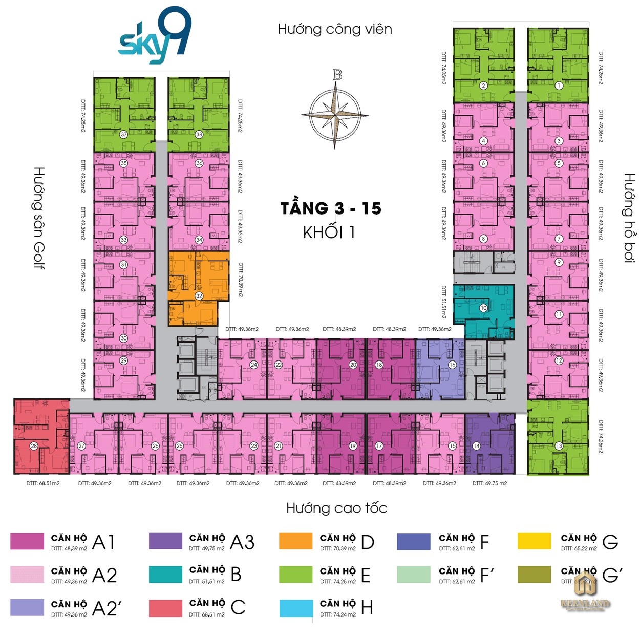 Mặt bằng tầng điển hình Block 1 chung cư Sky 9