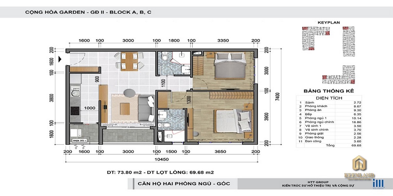 Thiết kế chi tiết căn hộ 2 phòng ngủ Cộng Hòa Garden 