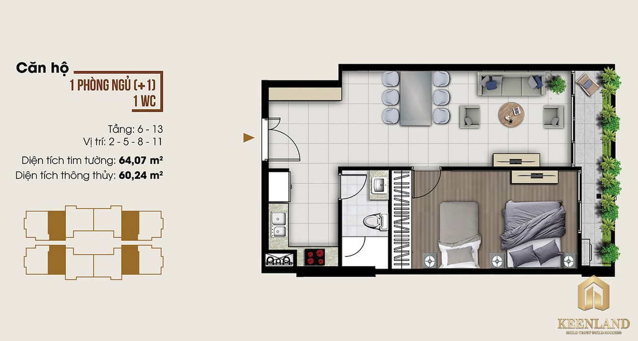 Mặt bằng căn hộ 1PN + 1WC dự án căn hộ chung cư Ascent lakeside