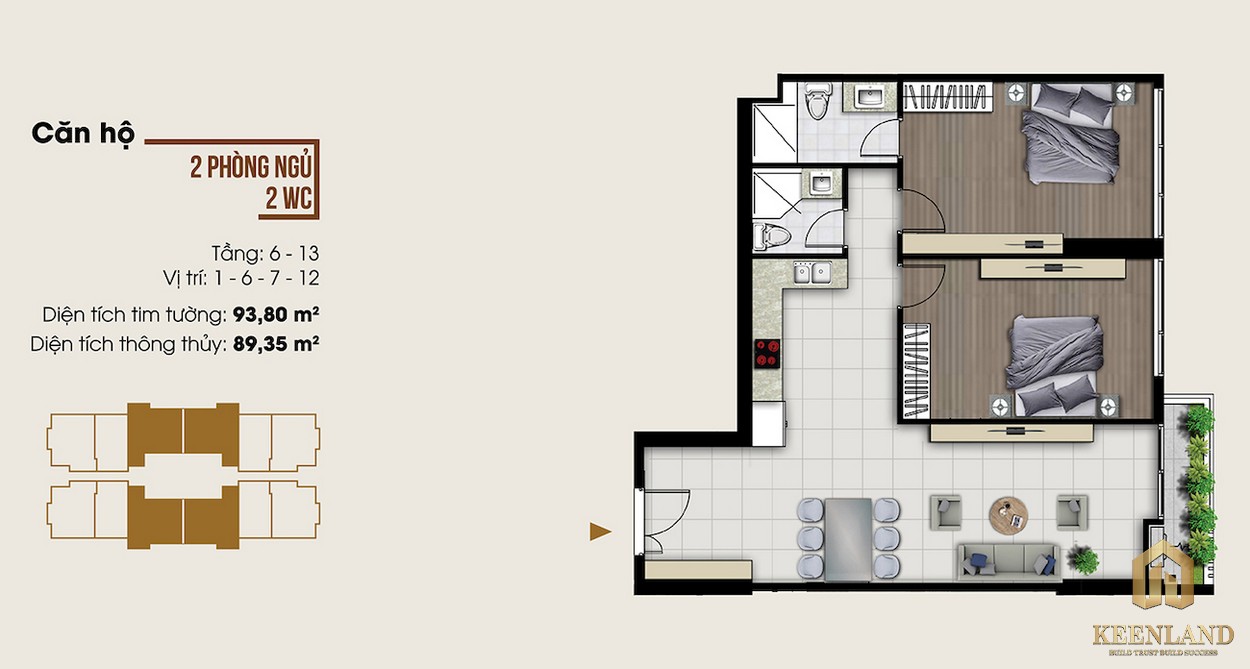 Mặt bằng căn hộ 2PN + 2WC dự án căn hộ chung cư Ascent lakeside