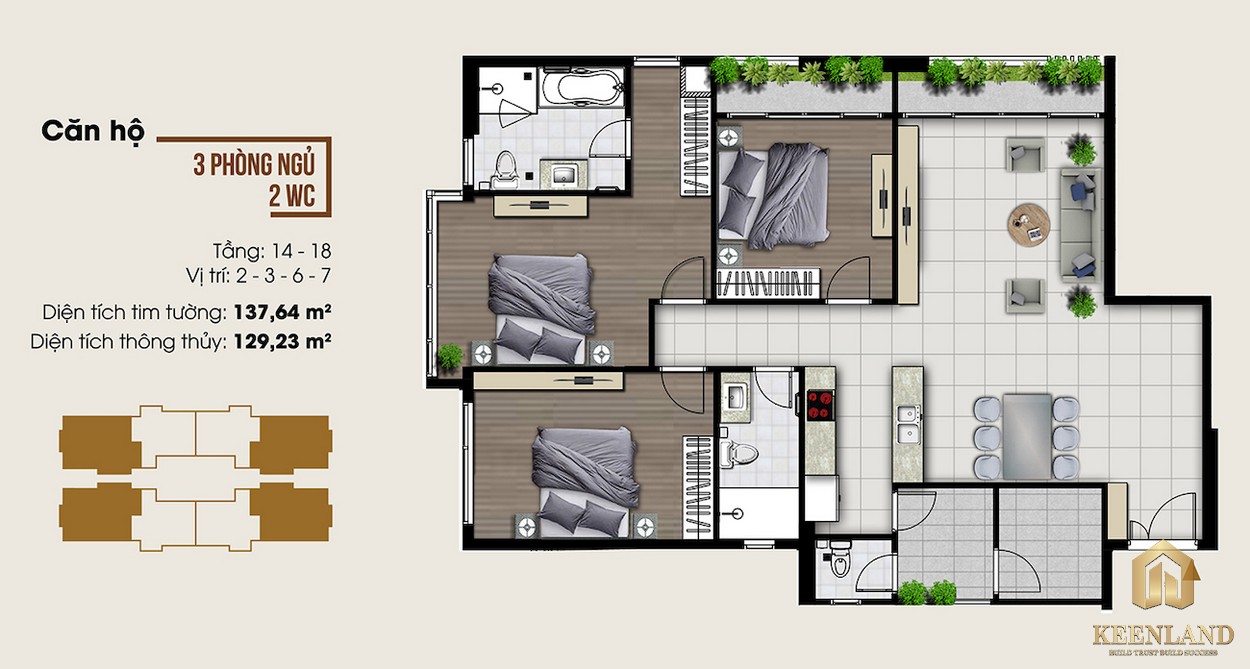 Mặt bằng căn hộ 3PN + 2WC dự án căn hộ chung cư Ascent lakeside