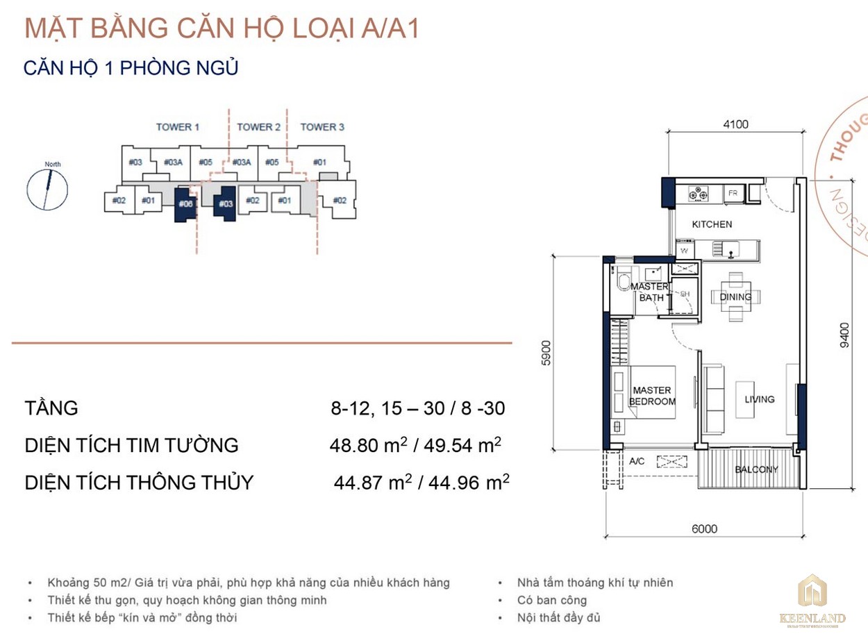 Mặt bằng chi tiết căn hộ 1PN dự án cao cấp Q2 Thảo Điền