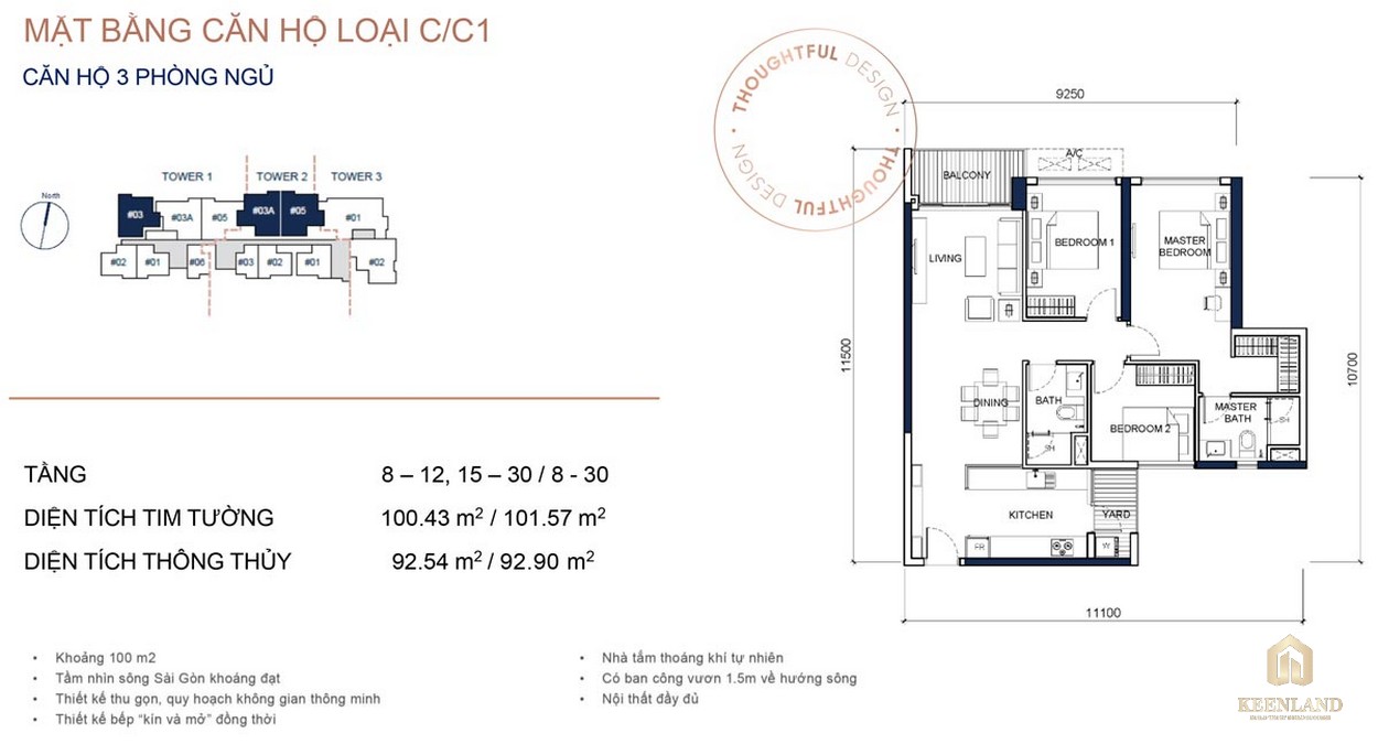 Mặt bằng chi tiết căn hộ 3PN dự án cao cấp Q2 Thảo Điền