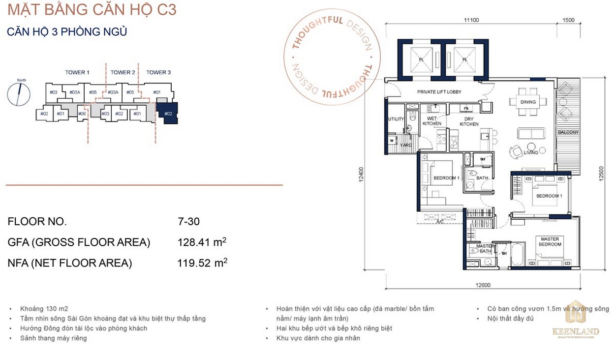 Mặt bằng chi tiết căn hộ 3PN dự án cao cấp Q2 Thảo Điền