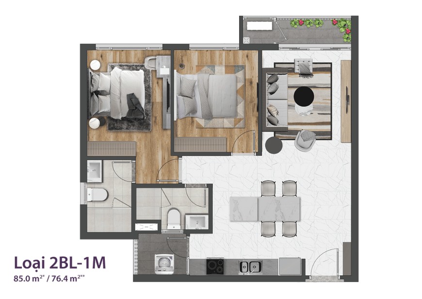 Mặt bằng căn hộ 2BL-1M dự án Celesta Rise