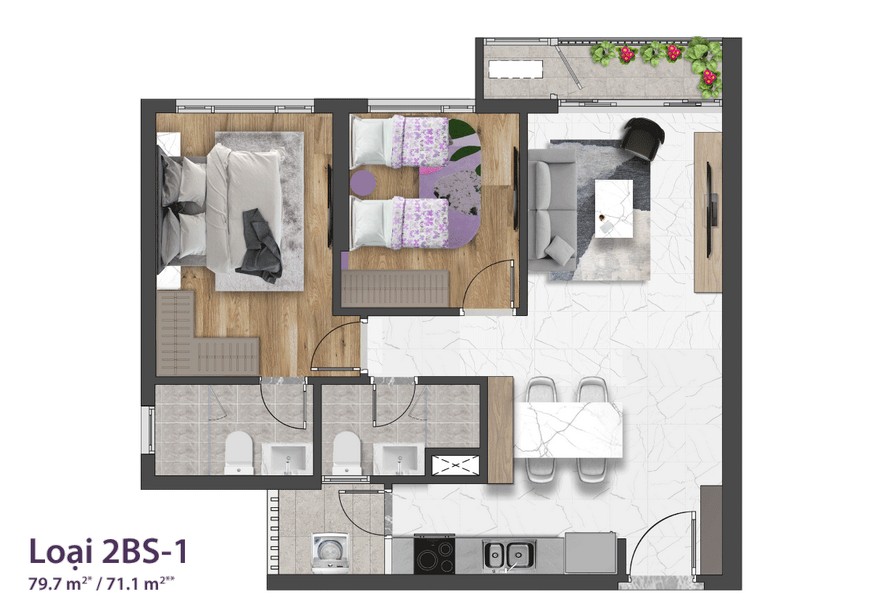 Mặt bằng căn hộ 2BS-1 dự án Celesta Rise