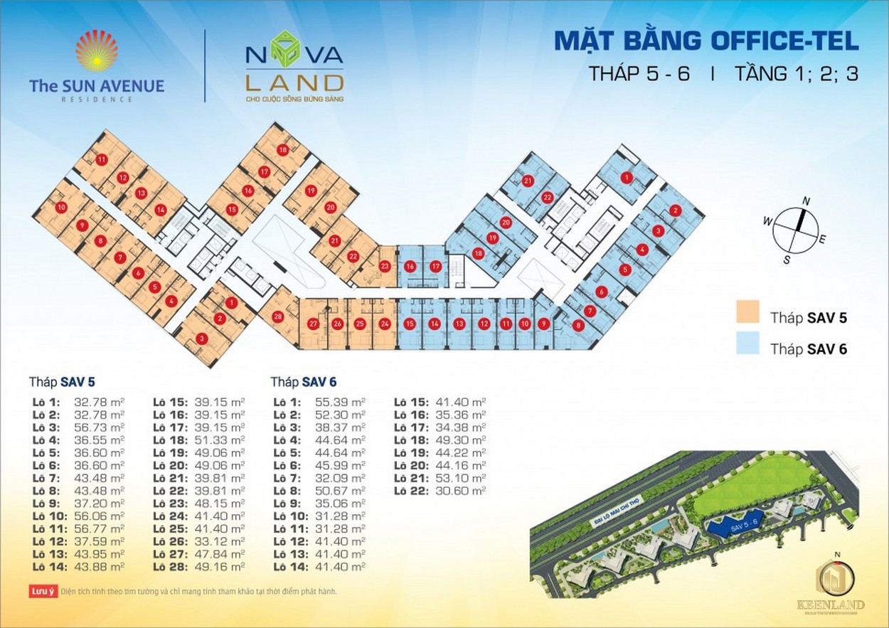 Mặt bằng Officetel tầng 1-3 tháp S5-6 dự án chung cư The Sun Avenue