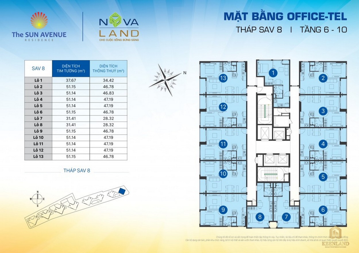 Mặt bằng Officetel tầng 6-10 tháp S8 dự án chung cư The Sun Avenue