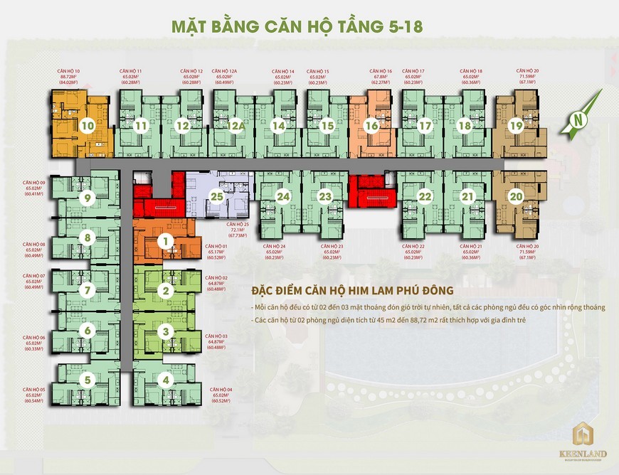 Mặt bằng tầng 5-18 dự án Him Lam Phú Đông 