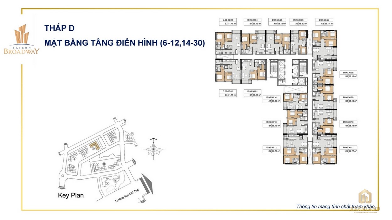 Mặt bằng tháp D tầng 6-12 và 14-30 của dự án SaiGon Broadway