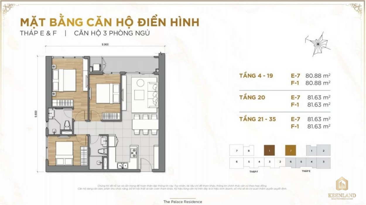 Mặt bằng căn hộ 3PN dự án The Palace Residence Quận 2