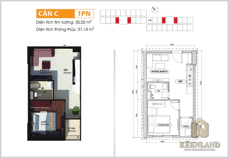 Phối cảnh thiết kế căn hộ loại C dự án Bcons Suối Tiên