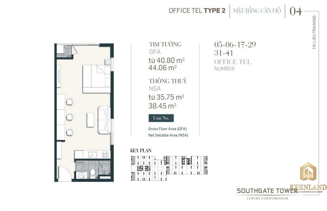 Thiết kế Officetel dự án South Gate Tower Quận 7 Loại 1 Diện tích 34.13m2-38.31m2 Diện tích thông thủy: 31.09m2-33.95m2