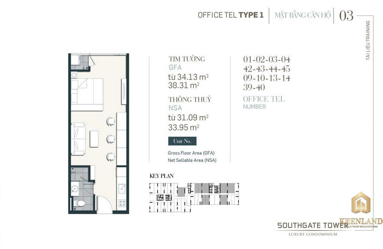 Thiết kế Officetel dự án South Gate Tower Quận 7 Loại 1 Diện tích 34.13m2-38.31m2 Diện tích thông thủy: 31.09m2-33.95m2