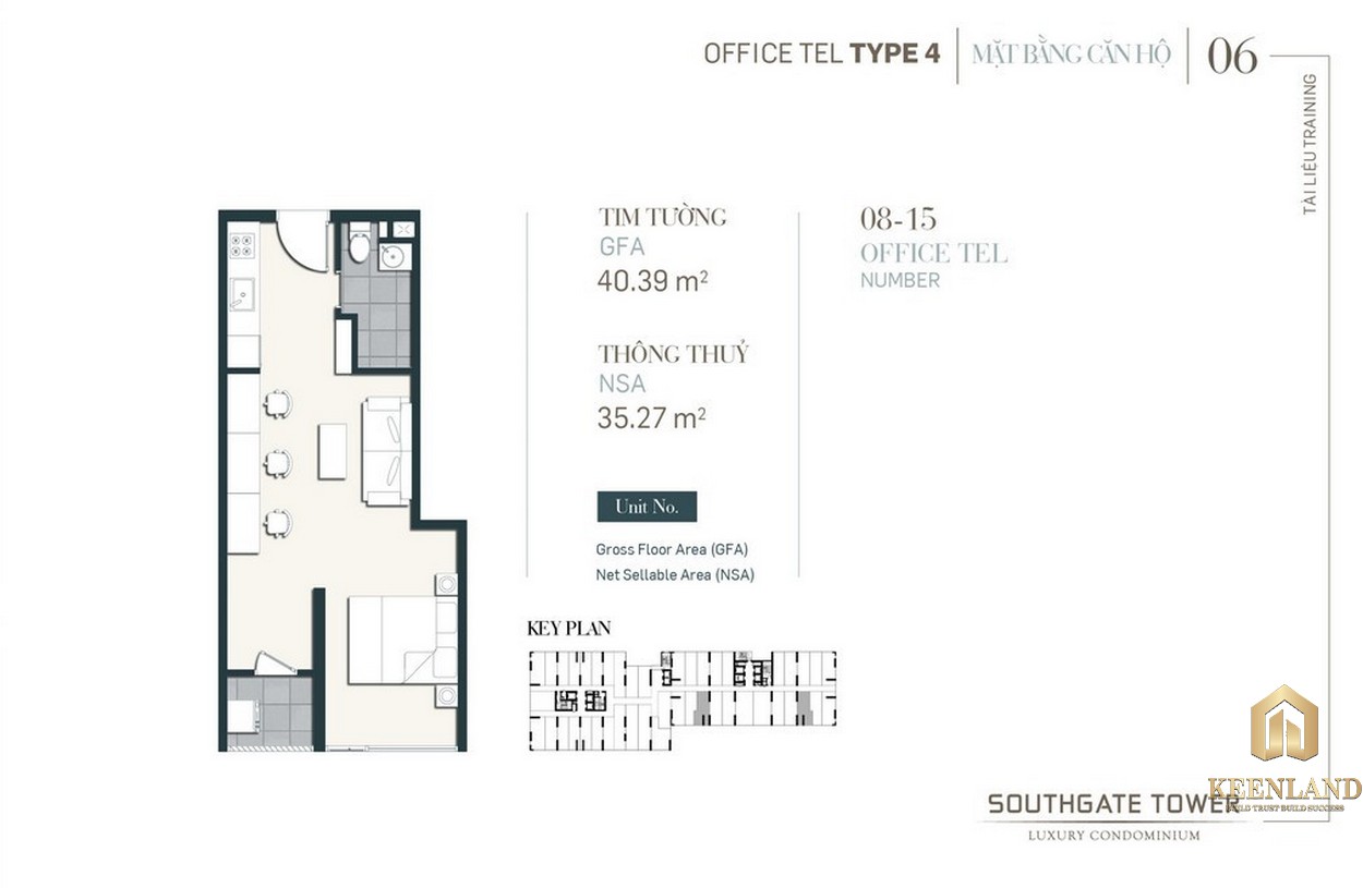 Thiết kế Officetel dự án South Gate Tower Quận 7 Loại 04 Diện tích xây dựng 40.39m2 Diện tích thông thủy: 35.27m2