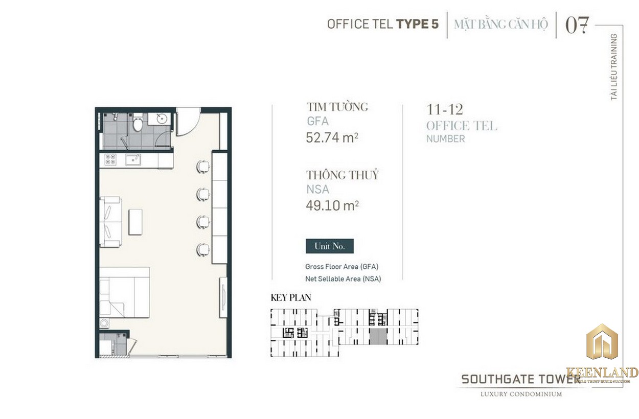 Thiết kế Officetel dự án South Gate Tower Quận 7 Loại 05 Diện tích xây dựng 52.74m2 Diện tích thông thủy: 49.10m2