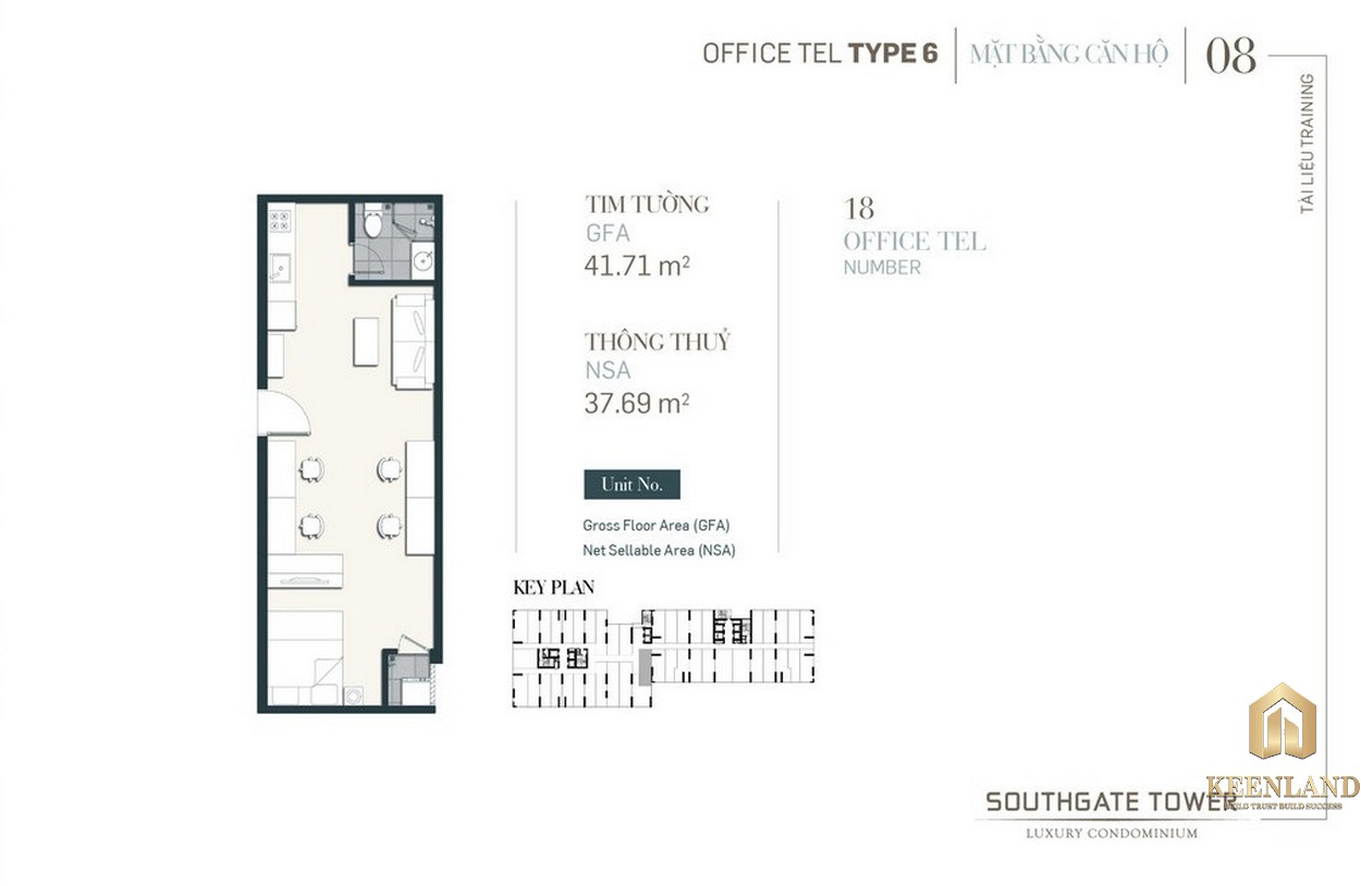 Thiết kế Officetel dự án South Gate Tower Quận 7 Loại 06 Diện tích xây dựng 47.71m2 Diện tích thông thủy: 37.69m2