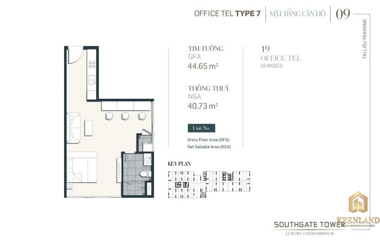 Thiết kế Officetel dự án South Gate Tower Quận 7 Loại 07 Diện tích xây dựng 44.65m2 Diện tích thông thủy: 40.737m2