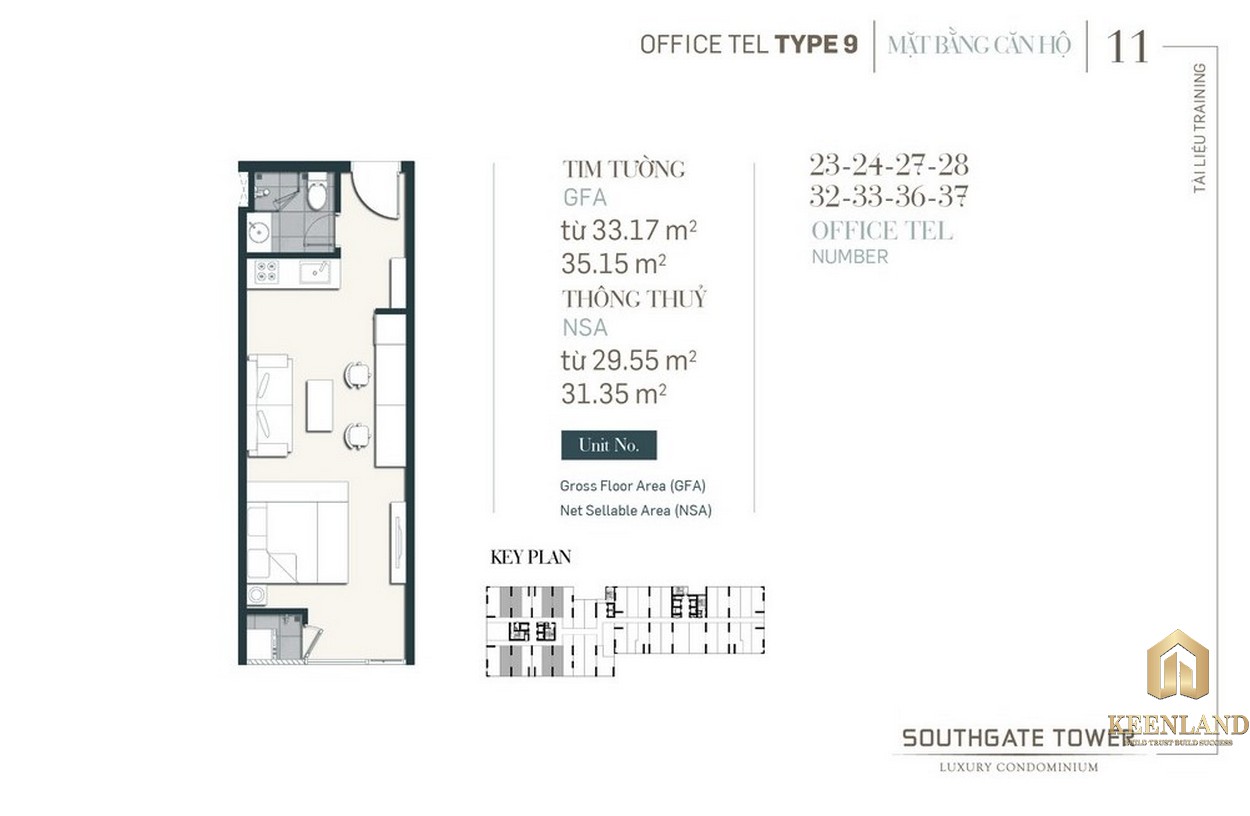 Thiết kế Officetel dự án South Gate Tower Quận 7 Loại 09 Diện tích 33.17m2 - 35.15 Diện tích thông thủy: 29.55m2-31.35m2