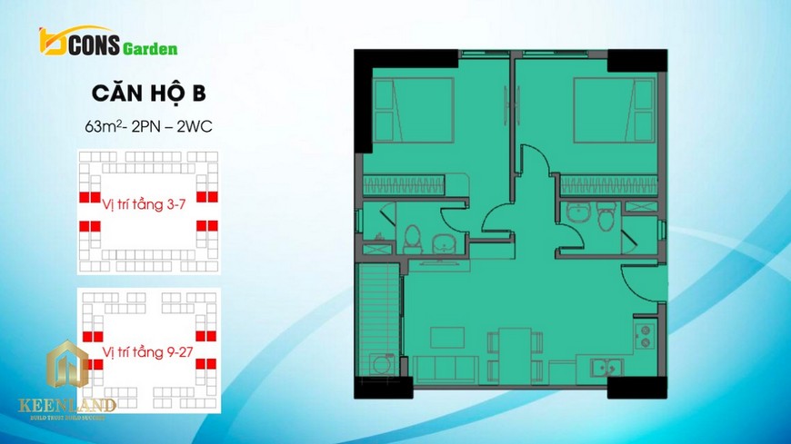 Thiết kế căn hộ B (2 PN - 2 WC) Bcons Garden Dĩ An