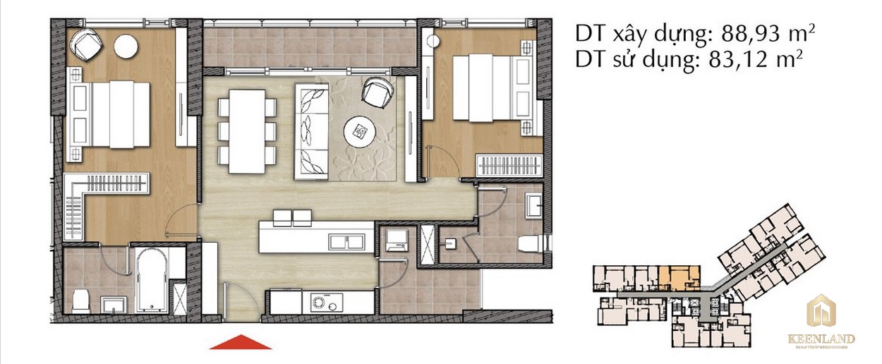 Thiết kế căn hộ 2PN - Mã 2D tại Đảo Kim Cương Diamond Island 