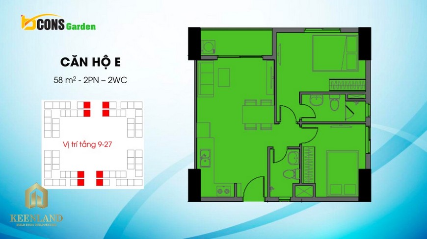 Thiết kế căn hộ E (2 PN - 2 WC) Bcons Garden Dĩ An