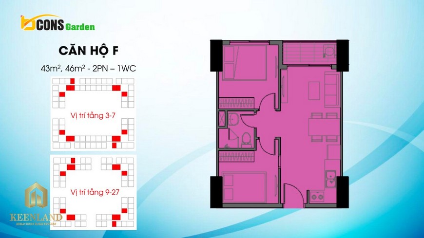 Thiết kế căn hộ F ( 2 PN - 1 WC) Bcons Garden Dĩ An