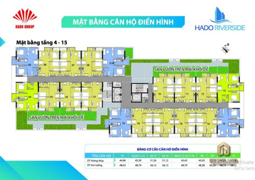 Mặt bằng tầng 4 - 15 căn hộ điển hình  Hado Riverside Quận 12