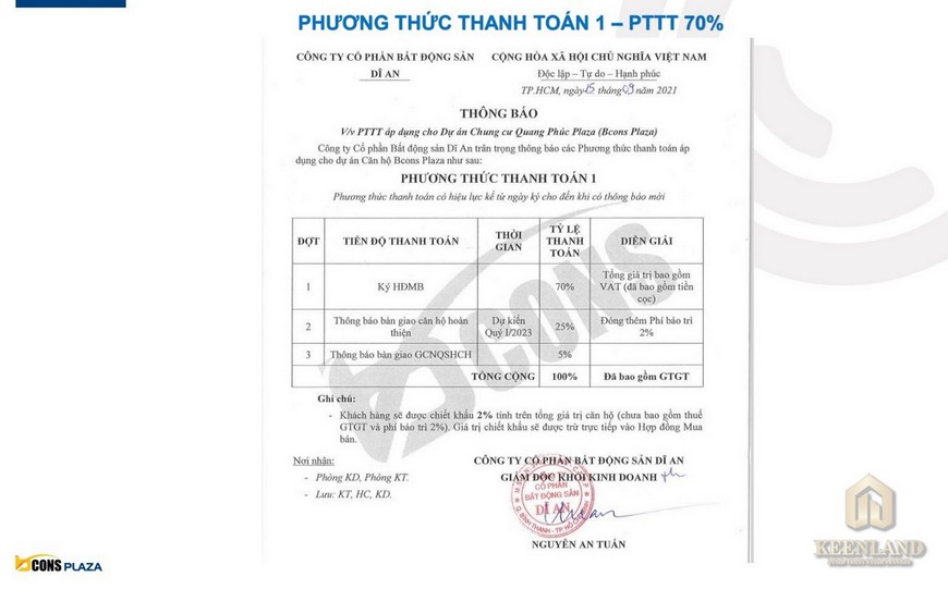 Phương thức thanh toán 70% dự án Bcons Plaza