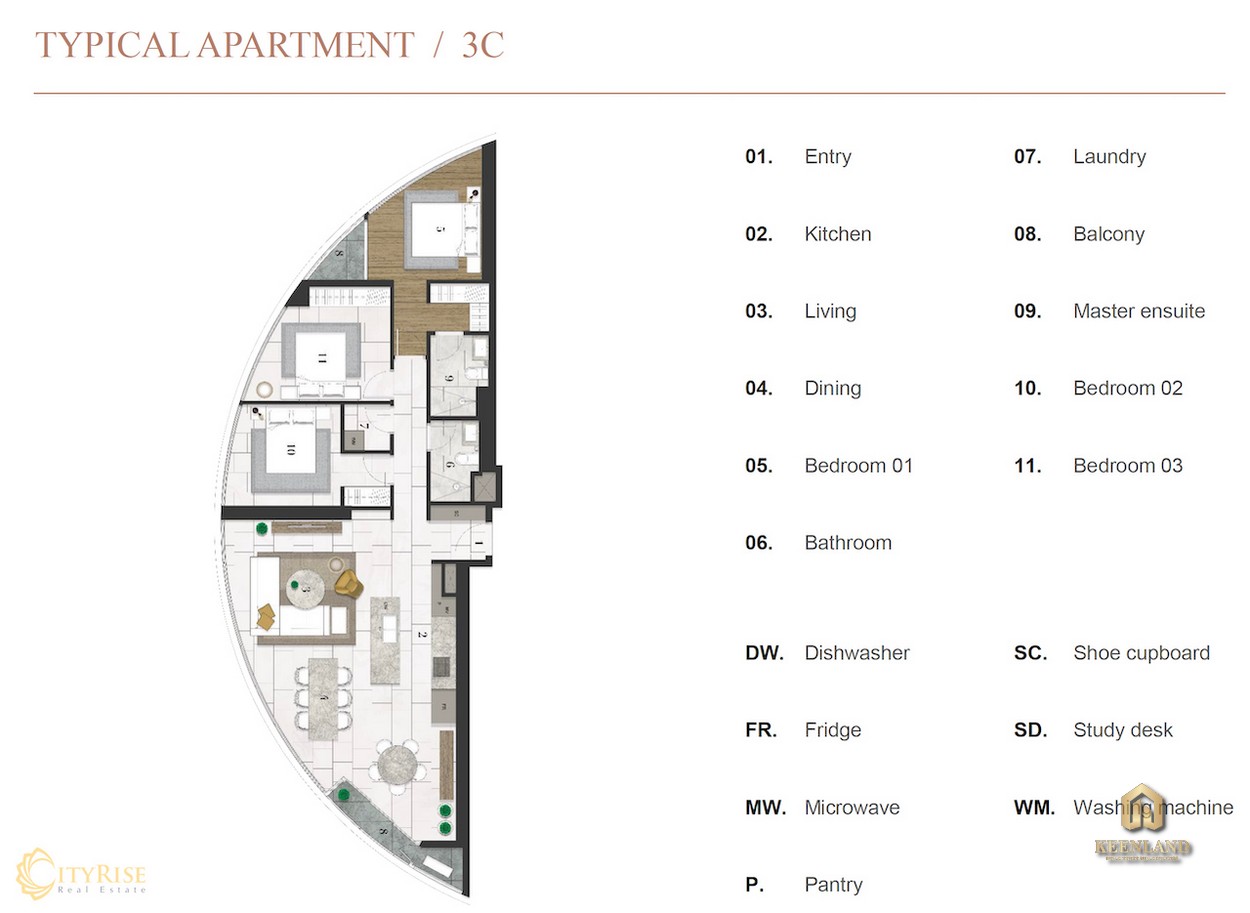 Thiết kế chi tiết căn hộ City Garden 3 phòng ngủ loại 3C