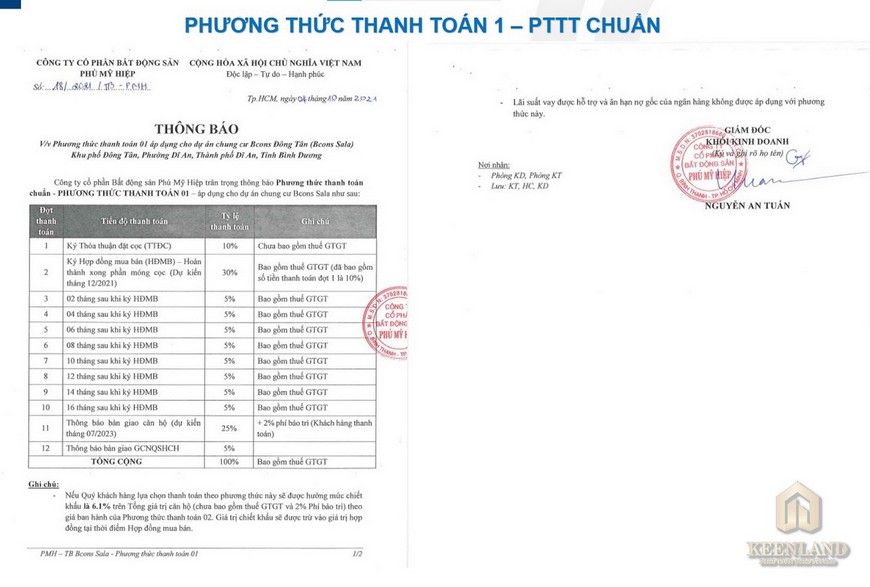 Phương thức thanh toán chuẩn dự án Bcons Sala Dĩ An