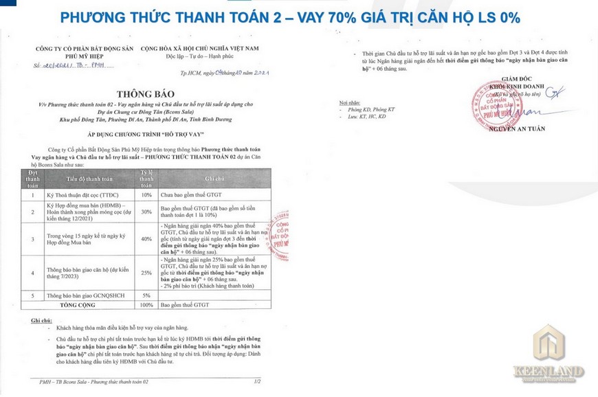 Phương thức thanh toán vay ngân hàng dự án Bcons Sala Dĩ An