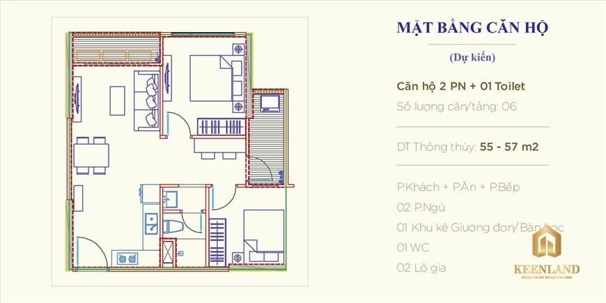 Thiết kế căn hộ 2PN-1WC phân khu The Rainbow