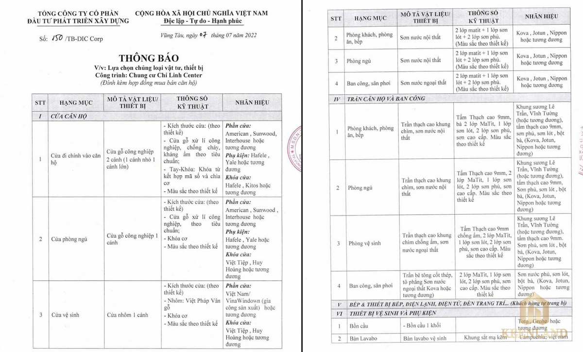 Tờ 1, 2: Vật liệu bàn giao căn hộ